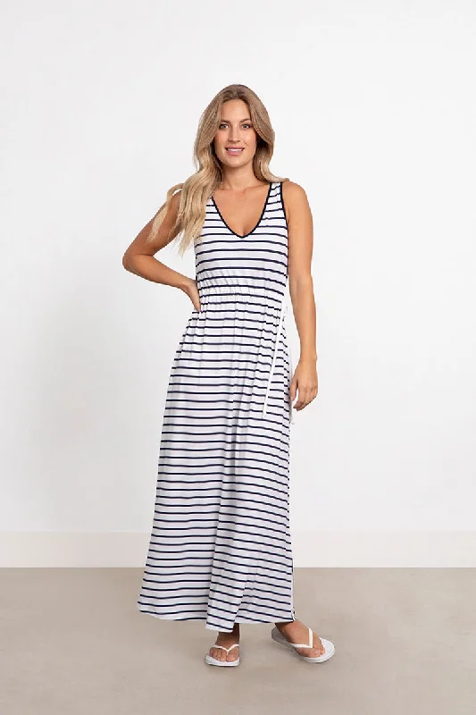 Sleeveless Reversible Tie Dress | Navy Stripe