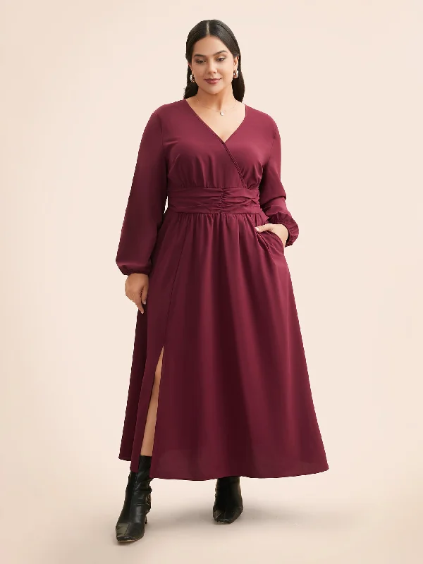 Overlap Collar Ruched Lantern Sleeve Maxi Dress