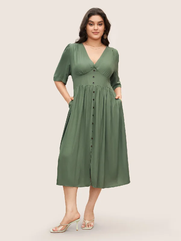 Plunging Neck Button Detail Pocket Maxi Dress