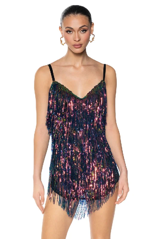 SHOW UP SEQUIN FRINGE MINI DRESS IN BLACK MULTI