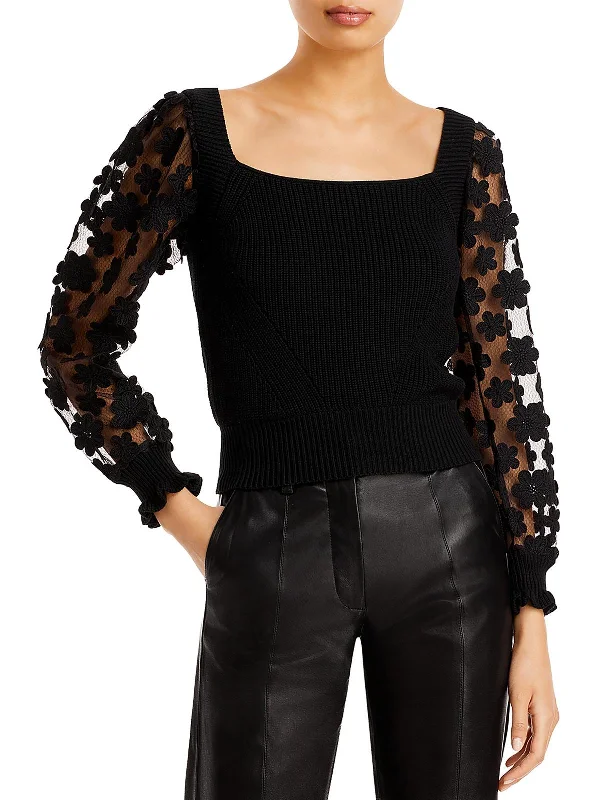 Juliet Womens Applique Sheer Crop Sweater