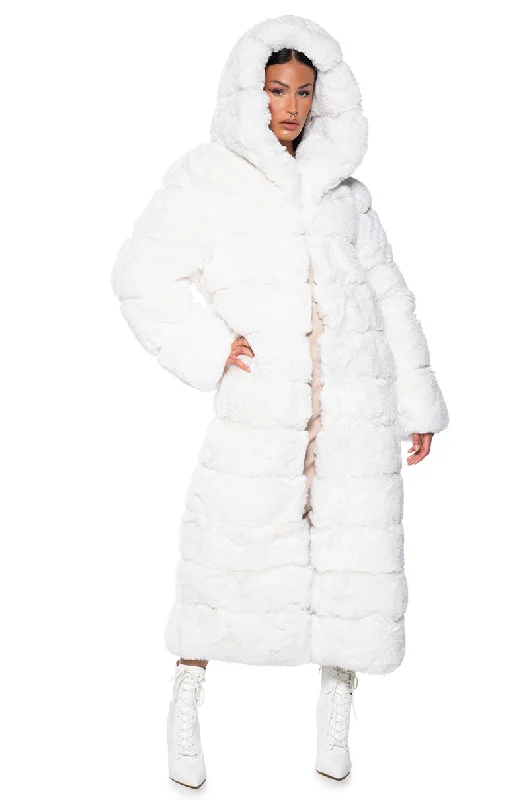 AZALEA WANG FAUX FUR PANEL HOODED TRENCH IN WHITE