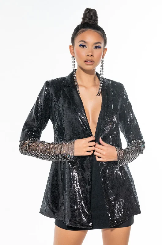 BALL DROP SEQUIN BLAZER WITH RHINESTONE MESH ARMS