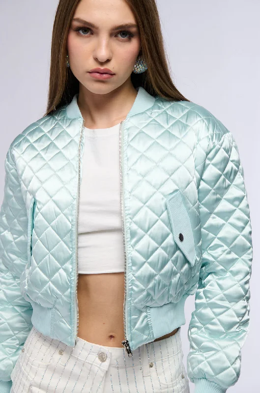 NEVER BETTER QUILTED SATIN BOMBER IN MINT