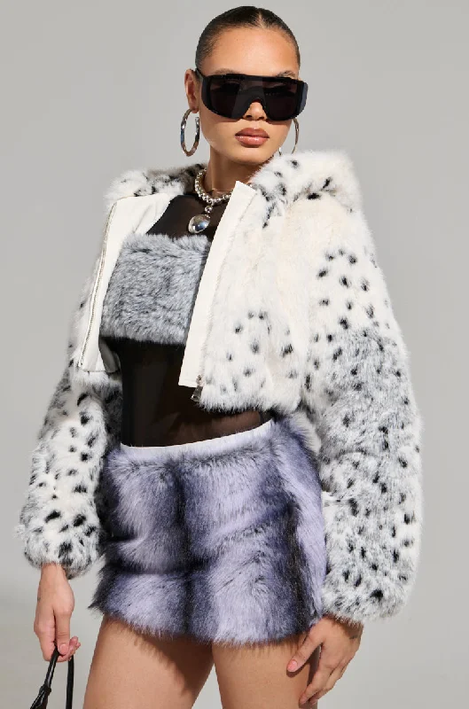 SNOW LEOPARD HOODED FUR BOMBER