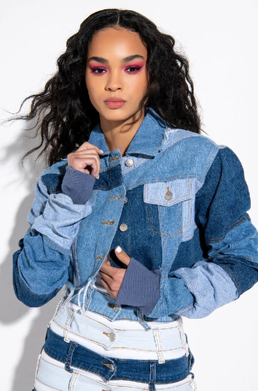 STACKED PATCH WORK CROP DENIM JACKET